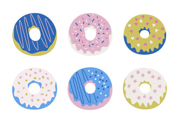 Set of vector donut illustrations. Collection of multicolor stylish donuts icons.