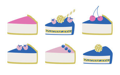 Set of vector cake slices illustrations. Collection of multicolor stylish cake cheesecake icons.
