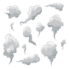 Smoke smell clouds in cartoon. White fog isolated clipart.Puff of wind, steam, smog, dust. Vector illustration