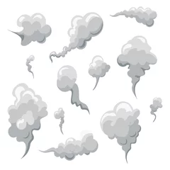 Rolgordijnen Smoke smell clouds in cartoon. White fog isolated clipart.Puff of wind, steam, smog, dust. Vector illustration © astarte7893