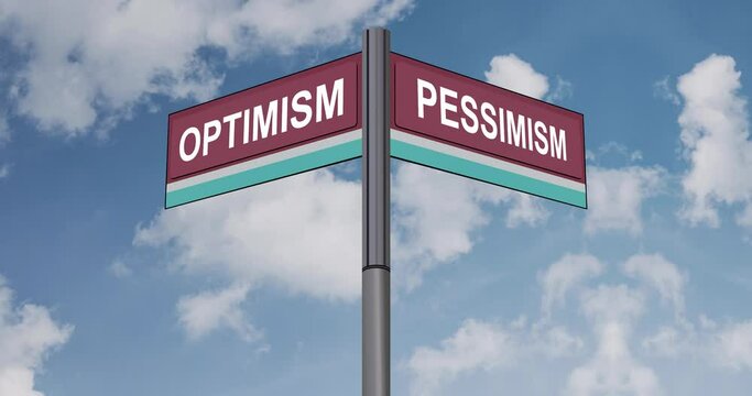 Signpost with Optimism and Pessimism concept. Illustration depicting a sign post with directional arrows containing a pessimist or optimist concept. Background with clouds.