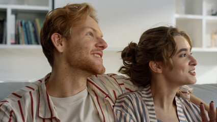 Love couple enjoy home morning after relocation closeup. Healthy adult relations