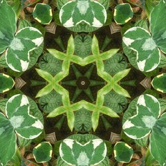 Beautiful trippy kaleidoscopic floral pattern in green, brown and beige colors