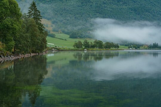 Reflection of trees and fog on Eidsvatnet lake in Norway