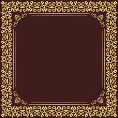 Classic vector vintage square brown and golden frame with arabesques and orient elements. Abstract ornament with place for text. Vintage pattern