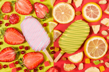 Two ice creams on a sticks - strawberry and lemon on a yellow and red background. Summer fruit desserts.