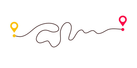 Complicated way and simple path from point A to B. Plans and real life chaos simplifying. Curved dashed line. Vector illustration