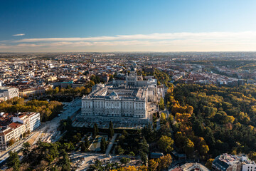 Aerial view of majestic building of Palacio Real de Madrid. Historic Royal palace and cityscape in...