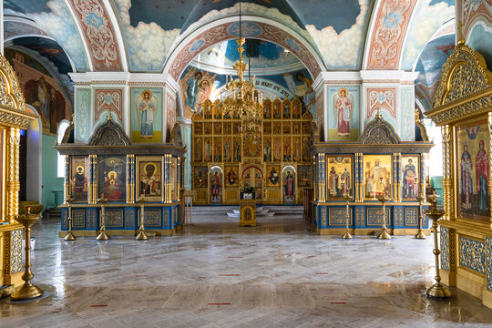 Kolomna, Russia - June 10, 2022: interior of Church of the Icon of the Mother of God of Tikhvin of Kolomna Kremlin in Old Kolomna city