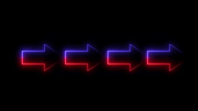Neon color abstract red, blue and pink color Rightwards Arrow sign and symbol. Neon Abstract seamless loop animation.