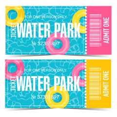 Water park or aqua park ticket design template. Vector illustration in flat style of aquapark entrance coupon with colourful inflatable swimming rings floating on the blue swimming pool water.