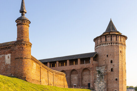 ancient citadel wall and Marinkina tower of Kolomna Kremlin in Old Kolomna city on sunny summer evening