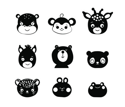 Safari animal faces kawaii style. Cute animals heads icons. Fun vector illustration animals.