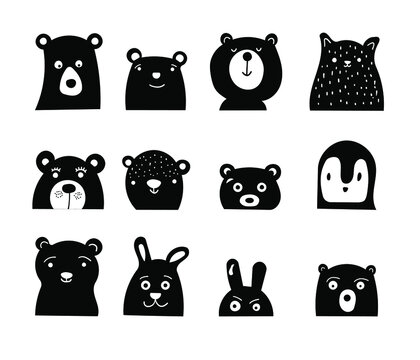 Safari animal faces kawaii style. Cute animals heads icons. Fun vector illustration animals.