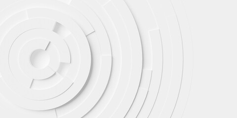 Concentric random rotated white ring or circle segments fading out background wallpaper banner flat lay top view from above with copy space