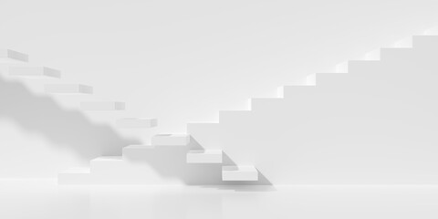 Two white staircases and steps going up on white wall background, business achievement or career goal concept