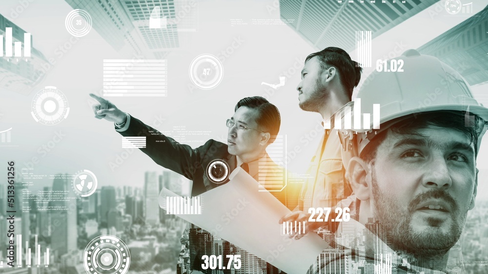 Poster future building construction and inventive engineering project concept with hud hologram graphic des