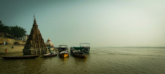 view from the river banaras ghat ganga - obrazy, fototapety, plakaty