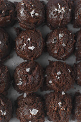Scoops of double chocolate chip cookie dough with sea salt, edible cookie dough, raw cookie