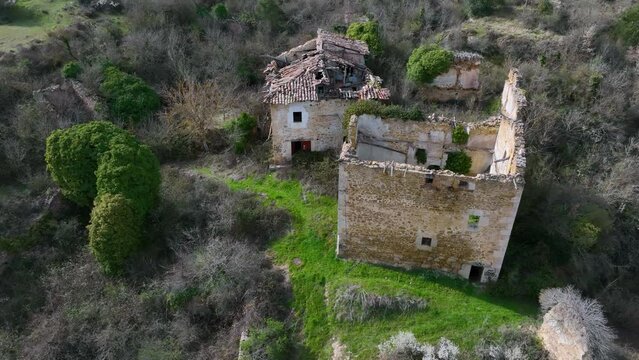 Tamayo town seen from a drone in the Municipality of O&ntilde;a. La Bureba region. Burgos, Castilla y Leon, Spain, Europe