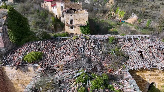 Tamayo town seen from a drone in the Municipality of O&ntilde;a. La Bureba region. Burgos, Castilla y Leon, Spain, Europe