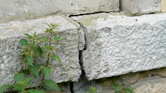 Crack in the foundation of a building from an earthquake close-up. Broken fractured wall of the house. Consequences of natural disasters