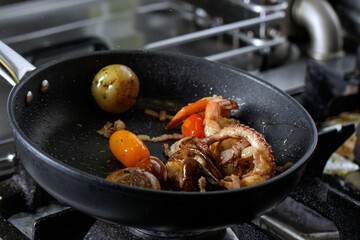 Process of frying seafood with vegetables. Seafood recipes