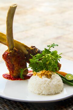 Beautiful shot of a cooked lamb with rice on the side on a white plate