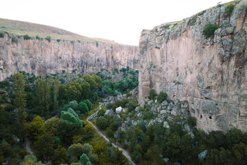 Fototapeta na wymiar Ihlara valley canyon view from air during sunrise
