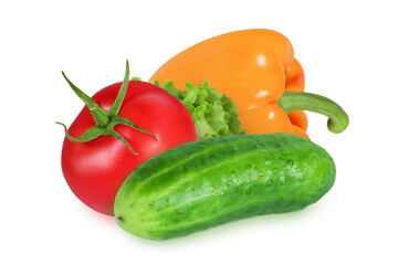 Tomatoes, peppers and cucumber on an isolated white background. Orange pepper, red tomatoes and cucumber