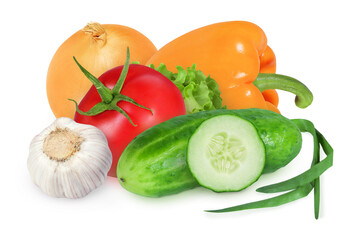 Tomato, pepper, onion, garlic, lettuce and cucumber on an isolated white background. Orange pepper, garlic, cucumber onion and red tomato.