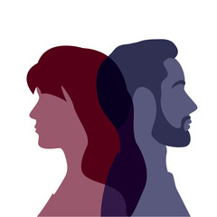 Man and woman profile  silhouette. Common features and differences between men and women. A couple of lovers. They look in different directions. Family relationships. Vector flat illustration