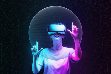 Metaverse and 3D simulation. Portrait of young woman in VR glasses creates mesh sphere. Dark...
