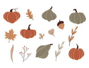 Autumn vector set of pumpkins, leaves, berries, acorns. Vintage fall cliparts for decoration. Autumn illustrations.
