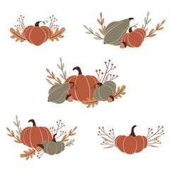 Autumn vector compositions with pumpkins, leaves, berries, acorns. Autumn vintage illustrations.