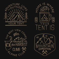 The best view comes after the hardest climb. Alpine club badge. Vintage line art design with ice axe, rock climbing Goat and mountain silhouette. Outdoors adventure emblem.