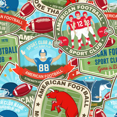 American football or rugby club seamless pattern. Vector illustration. Wallpaper, background with with bull, american football sportsman player, helmet, ball and shoulder pads.