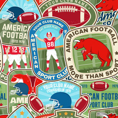 Fototapeta premium American football or rugby club seamless pattern. Vector illustration. Wallpaper, background with with bull, american football sportsman player, helmet, ball and shoulder pads.