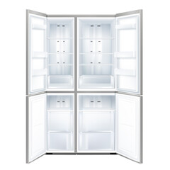 Front View of gray Double Door Refrigerator with open doors. Realistic 3d vector illustration isolated on white background.