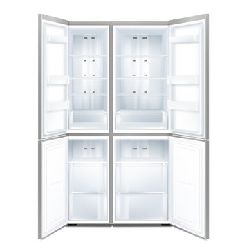 Front View Of Gray Double Door Refrigerator With Open Doors. Realistic 3d Vector Illustration Isolated On White Background.