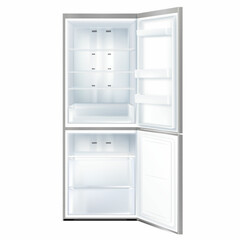 Empty open refrigerator isolated on white background. Front View of gray freezer with open doors. Realistic 3d vector