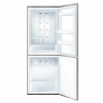 Empty Open Refrigerator Isolated On White Background. Front View Of Gray Freezer With Open Doors. Realistic 3d Vector