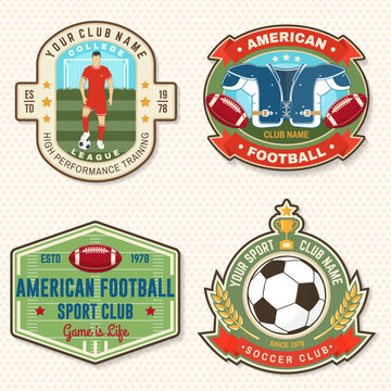 Set of american football and soccer club embroidery patch. Vector for shirt, logo, print, stamp, sticker. Vintage design with soccer, american football sportsman player, helmet, ball and shoulder pads