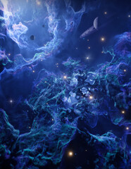 Nebula in outer space, planets and galaxy