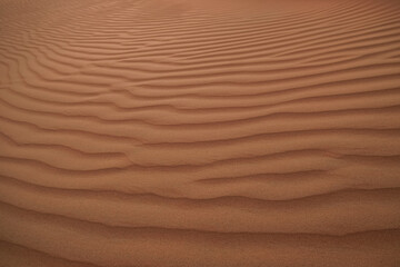 Close-up of flat orange sand dunes in Al Wathba desert, Abu Dhabi, United Arab Emirates.