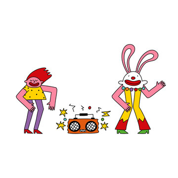 Pop art Christmas party. Dancing funny characters. New Year illustration.