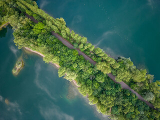Aerial View on the quarry lake Rohrhofer See at Bruehl in Germany.
