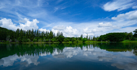 Breathtaking panoramic view of beautiful valley landscape with reflection in the water in cloudy blue sky day