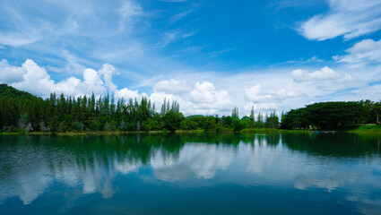 Breathtaking panoramic view of beautiful valley landscape with reflection in the water in cloudy blue sky day