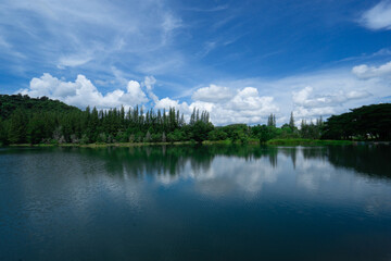 Breathtaking panoramic view of beautiful valley landscape with reflection in the water in cloudy blue sky day